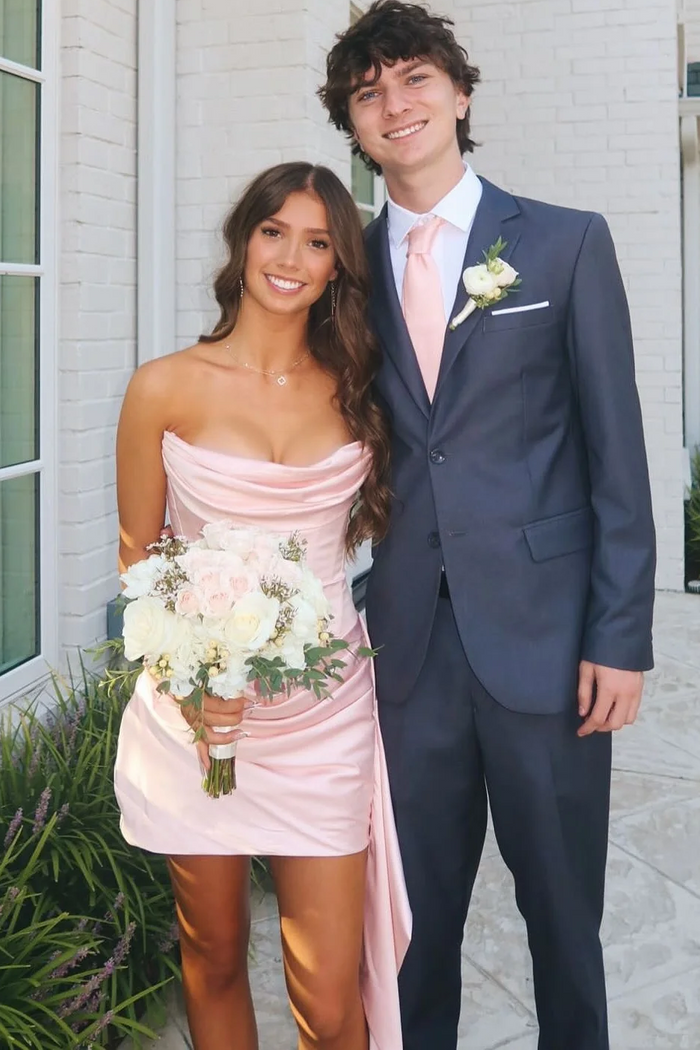 Pink Strapless Pleats Scoop Neck Satin Bodycon Short Homecoming Dress