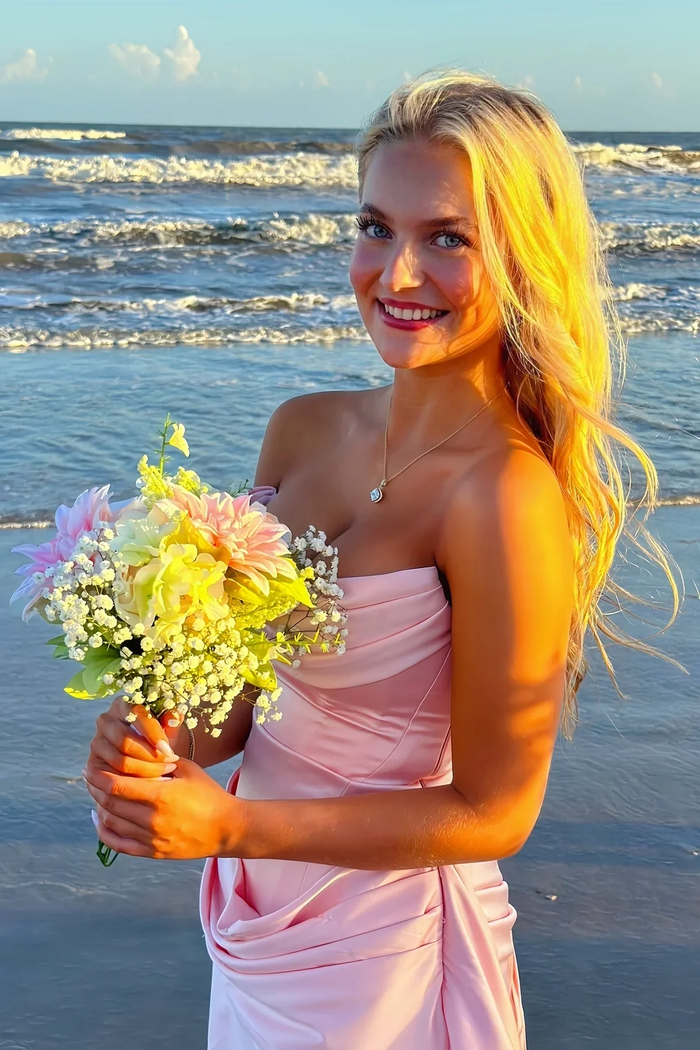 Pink Strapless Pleats Scoop Neck Satin Bodycon Short Homecoming Dress