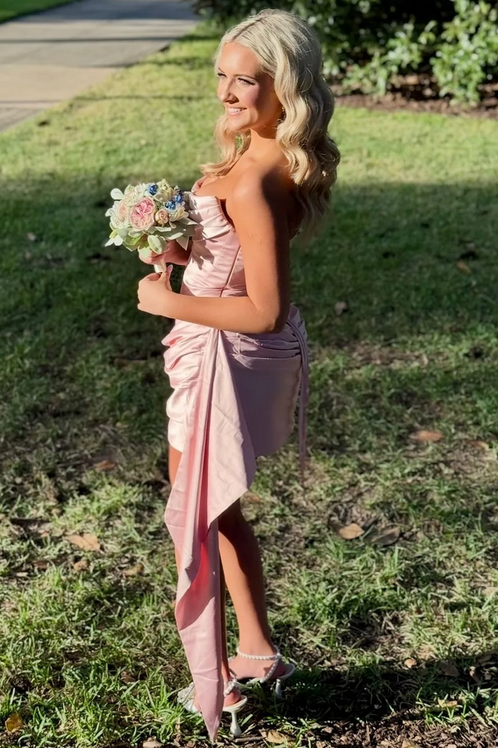 Pink Strapless Pleats Scoop Neck Satin Bodycon Short Homecoming Dress