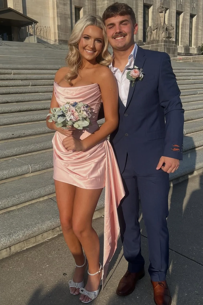 Pink Strapless Pleats Scoop Neck Satin Bodycon Short Homecoming Dress