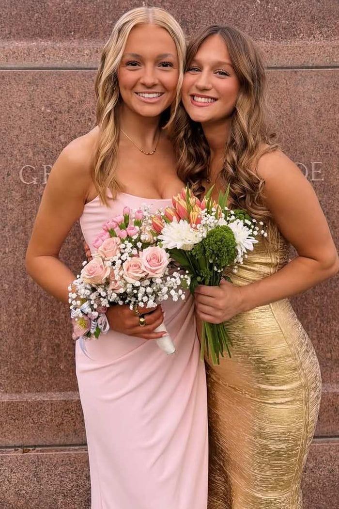 Pink Strapless Pleats Scoop Neck Satin Long Prom Dress with Slit