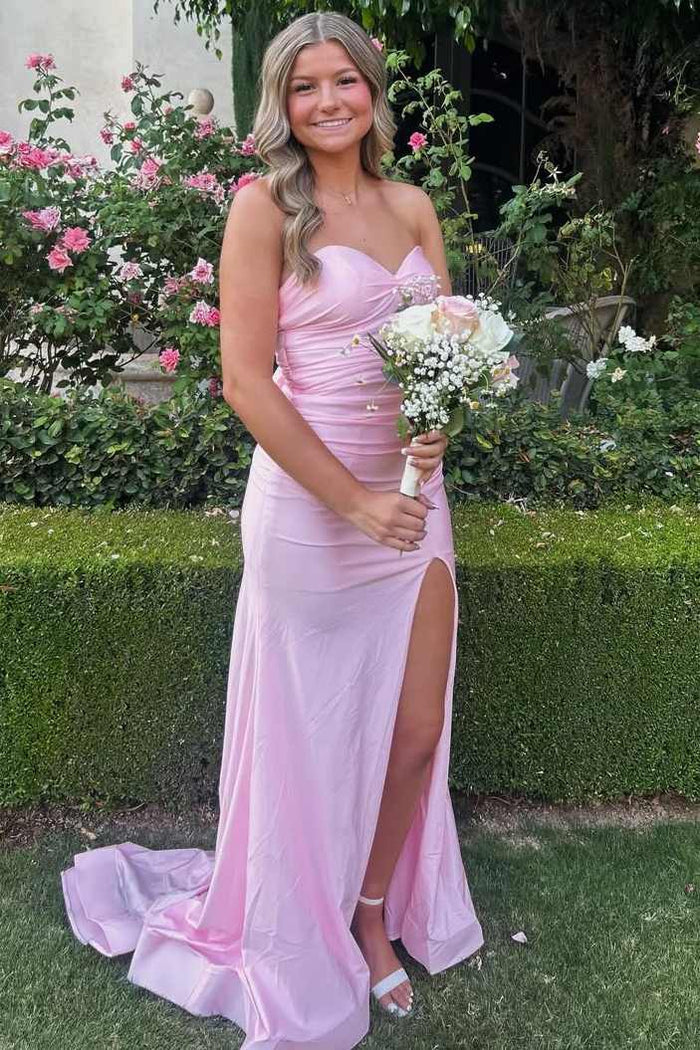 Pink Strapless Pleats Sleeveless Satin High Slit Prom Dress with Bow