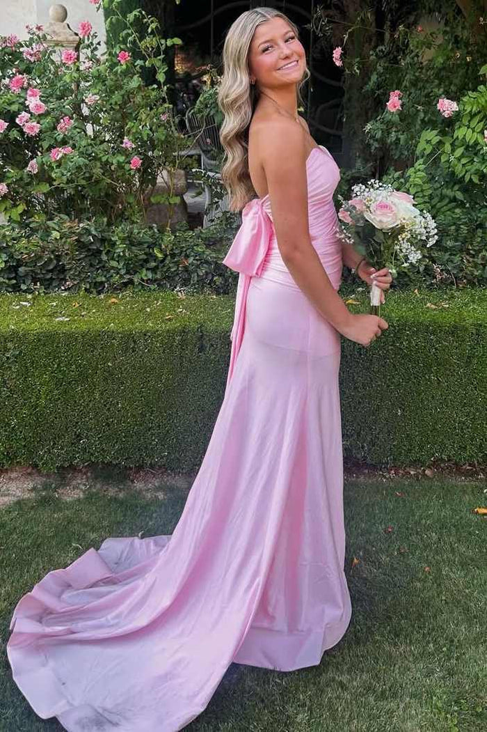 Pink Strapless Pleats Sleeveless Satin High Slit Prom Dress with Bow