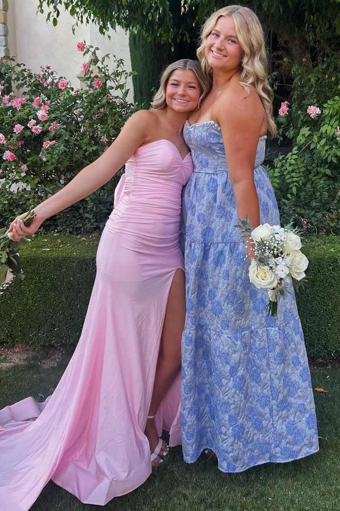 Pink Strapless Pleats Sleeveless Satin High Slit Prom Dress with Bow