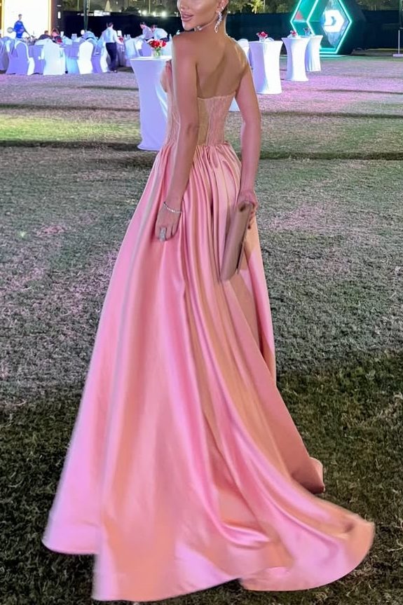 Pink Strapless Satin A-Line Empire-Waist Sleeveless Pleats Formal Prom Dress