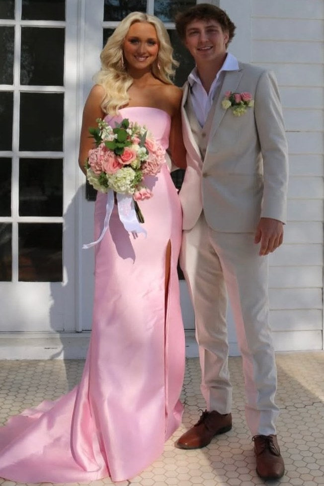 Pink Strapless Scoop Neck High Slit Back Ruffles Satin Mermaid Prom Dress