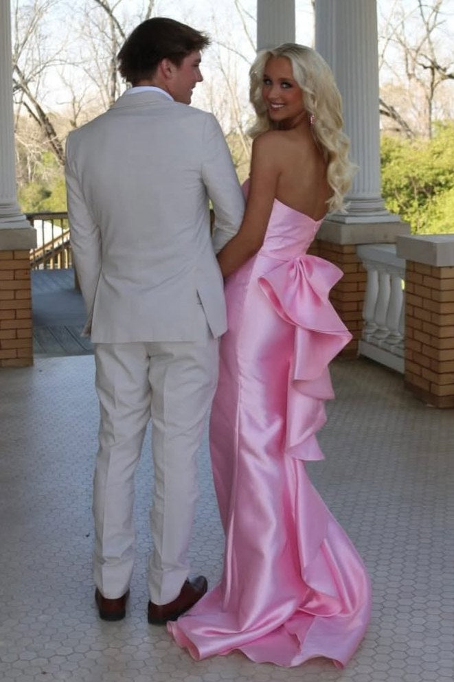 Pink Strapless Scoop Neck High Slit Back Ruffles Satin Mermaid Prom Dress
