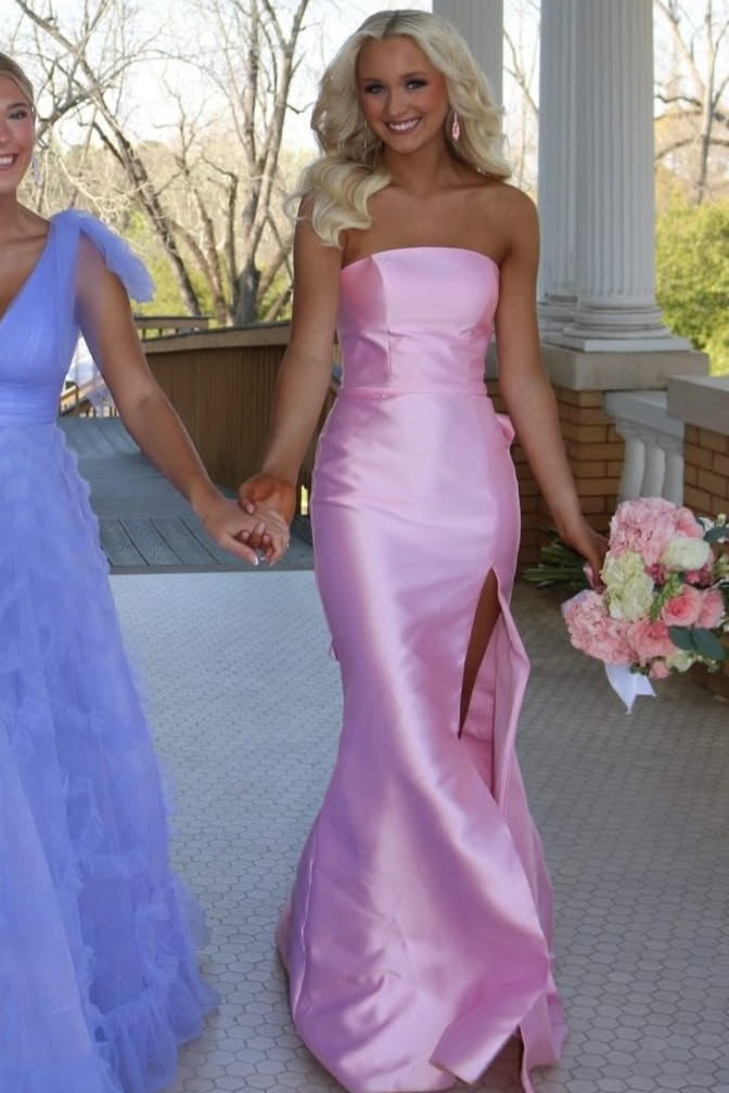 Pink Strapless Scoop Neck High Slit Back Ruffles Satin Mermaid Prom Dress