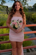 Pink Strapless Scoop Neck Pleats Bodycon Homecoming Dress with Pearls