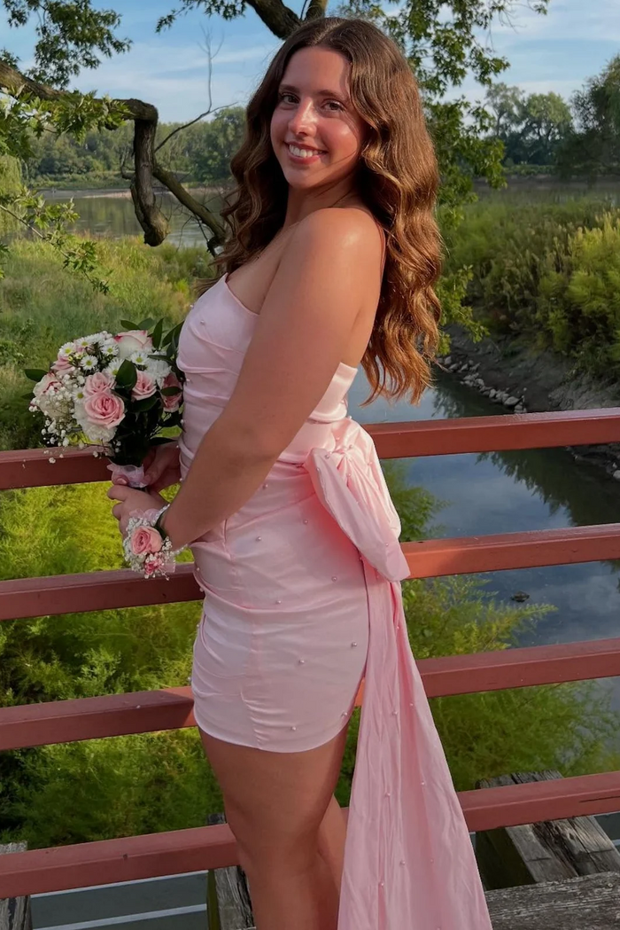 Pink Strapless Scoop Neck Pleats Bodycon Homecoming Dress with Pearls