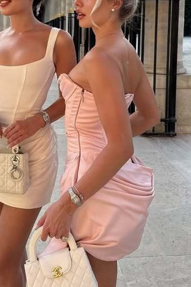 Pink Strapless Scoop Neck Pleats Sleeveless Mini Homecoming Party Dress