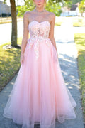 Pink Strapless Sweetheart Appliques A-Line Sleeveless Prom Dress