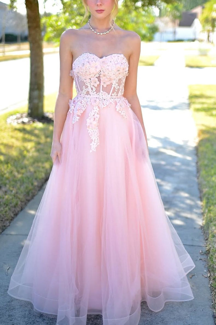 Pink Strapless Sweetheart Appliques A-Line Sleeveless Prom Dress