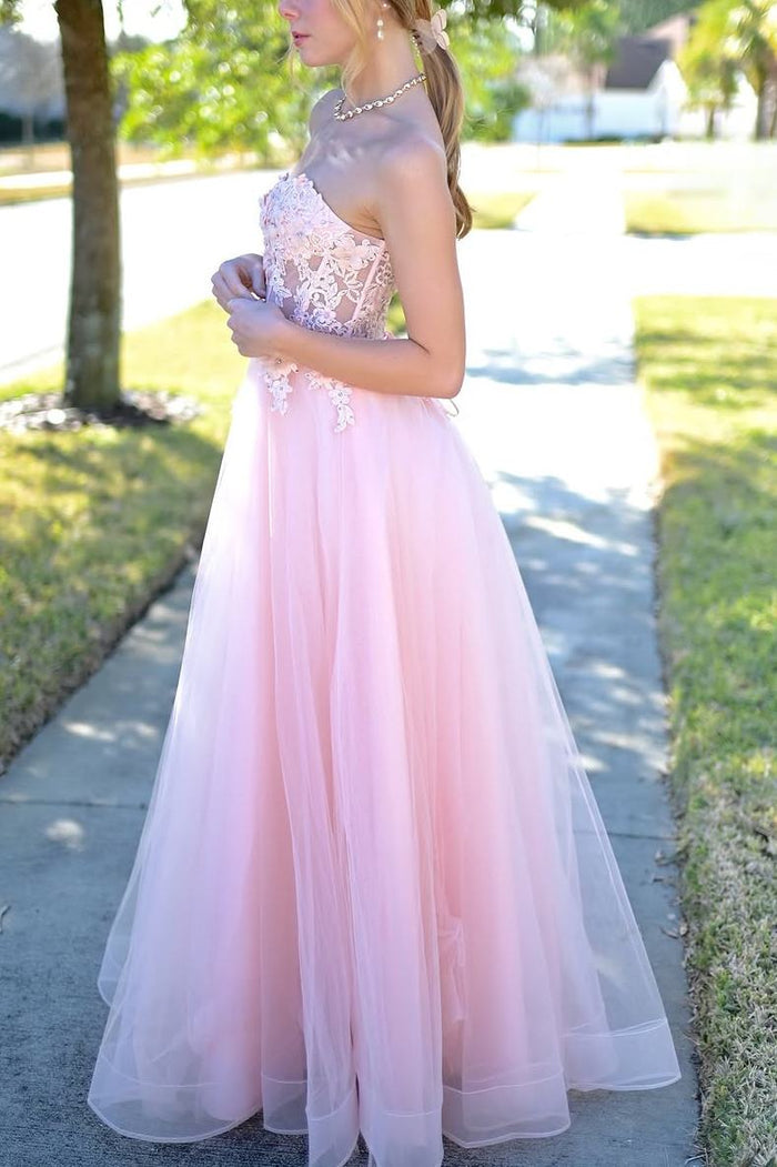 Pink Strapless Sweetheart Appliques A-Line Sleeveless Prom Dress