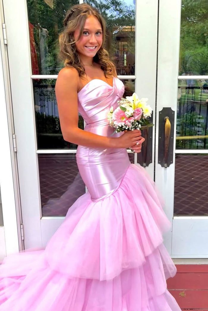 Pink Strapless Sweetheart Ruffles Tulle Long Prom Dress