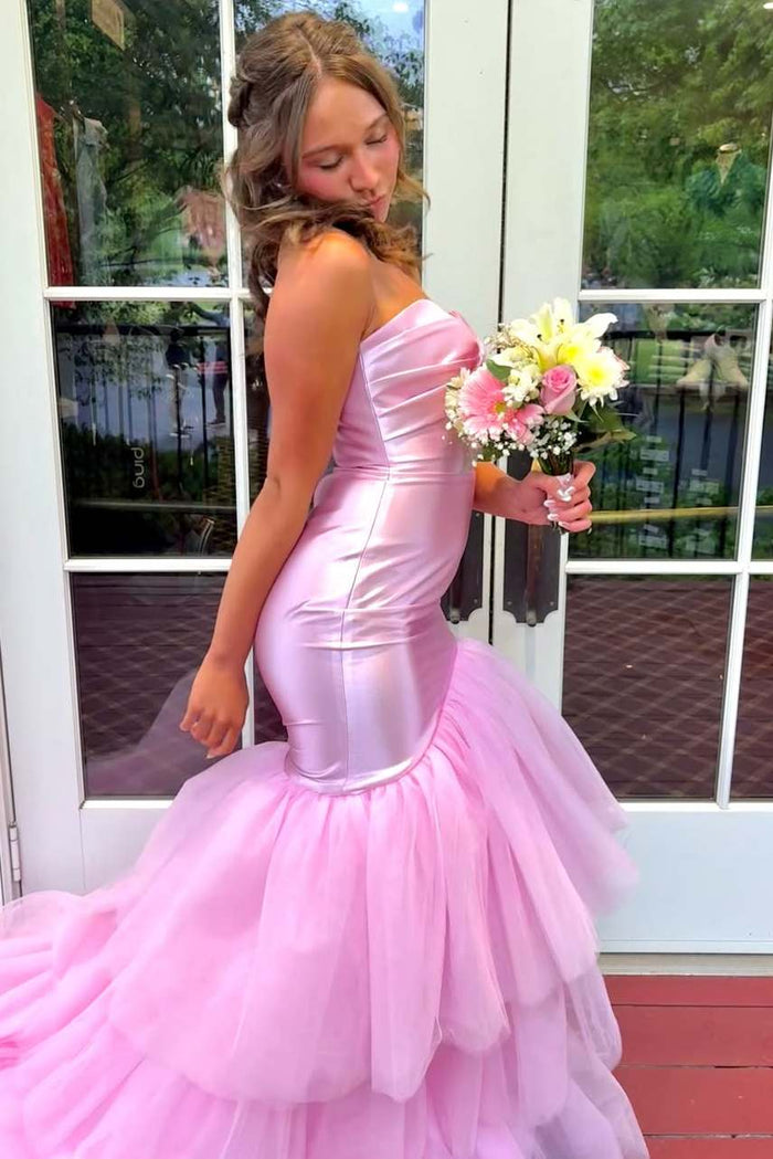 Pink Strapless Sweetheart Ruffles Tulle Long Prom Dress