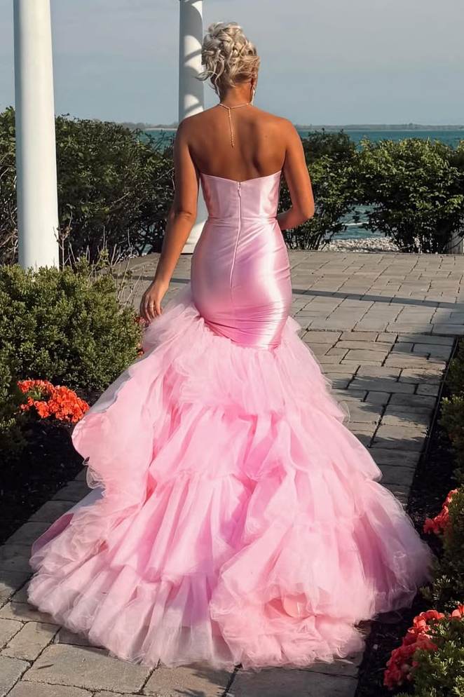 Pink Strapless Sweetheart Ruffles Tulle Long Prom Dress