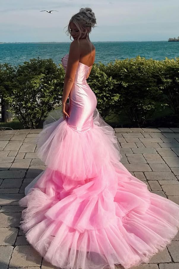 Pink Strapless Sweetheart Ruffles Tulle Long Prom Dress