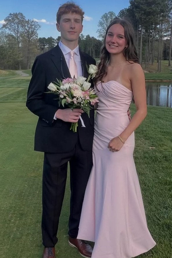 Pink Strapless Twist Sleeveless Pleats Satin Long Formal Prom Dress