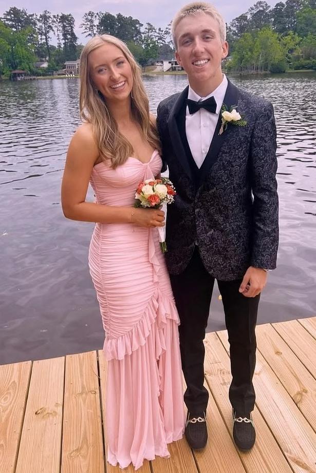 Pink Strapless Twist Sleeveless Ruffles Pleats Long Prom Dress with Slit