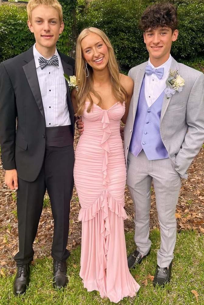 Pink Strapless Twist Sleeveless Ruffles Pleats Long Prom Dress with Slit