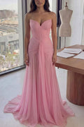 Pink Strapless V-Neck Pleated Chiffon A-Line Sleeveless Long Prom Dress