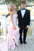 Pink Strapless V-Neck Ruffles Satin Sleeveless Long Prom Dress with Train