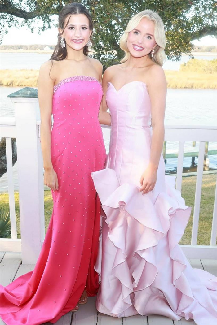 Pink Strapless V-Neck Ruffles Satin Sleeveless Long Prom Dress with Train