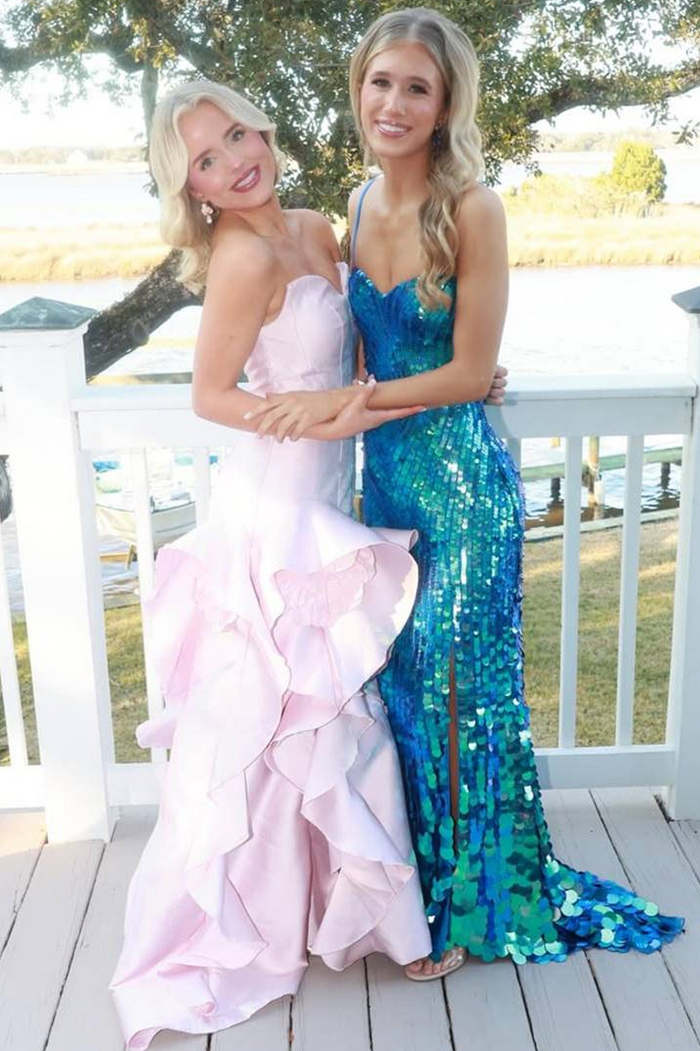 Pink Strapless V-Neck Ruffles Satin Sleeveless Long Prom Dress with Train