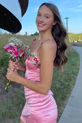 Pink Straps Sweetheart Appliques Pleated Satin Homecoming Party Dress