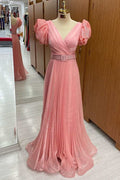 Pink Surplice Neck Puff Sleeve Belted A-Line Formal Dress