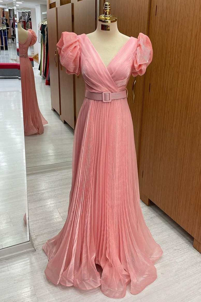 Pink Surplice Neck Puff Sleeve Belted A-Line Formal Dress