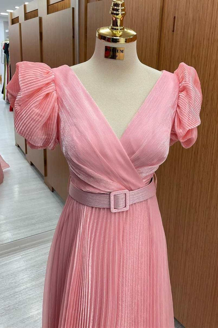 Pink Surplice Neck Puff Sleeve Belted A-Line Formal Dress