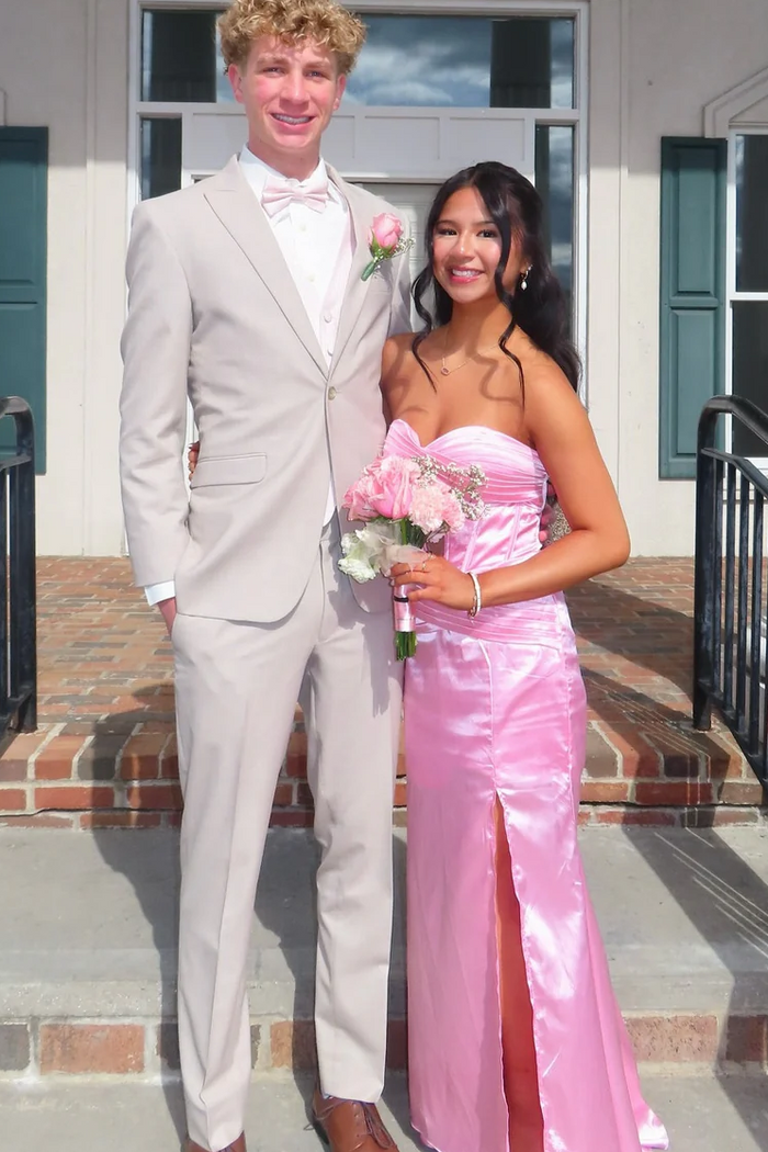 Pink Sweetheart Strapless Pleats Side Slit Fitted Sleeveless Satin Prom Dress