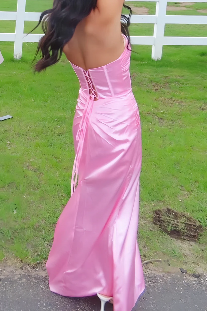 Pink Sweetheart Strapless Pleats Side Slit Fitted Sleeveless Satin Prom Dress