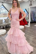 Pink Trumpet V-Neck Appliques Ruched Sleeveless Prom Dress
