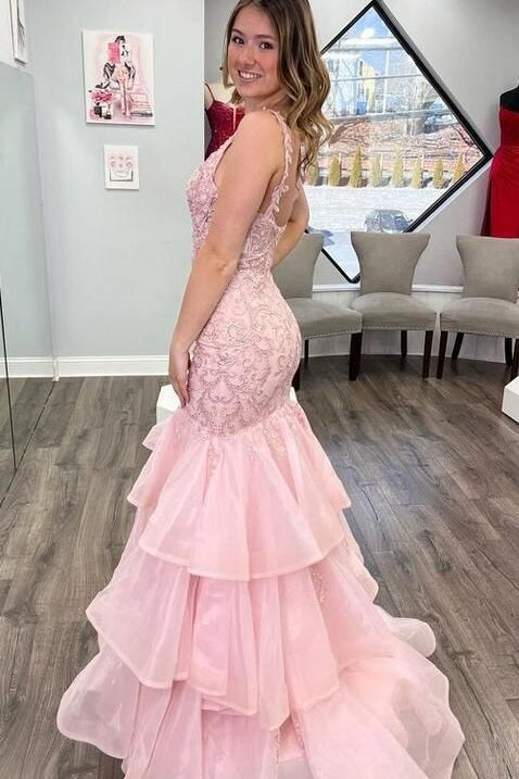 Pink Trumpet V-Neck Appliques Ruched Sleeveless Prom Dress