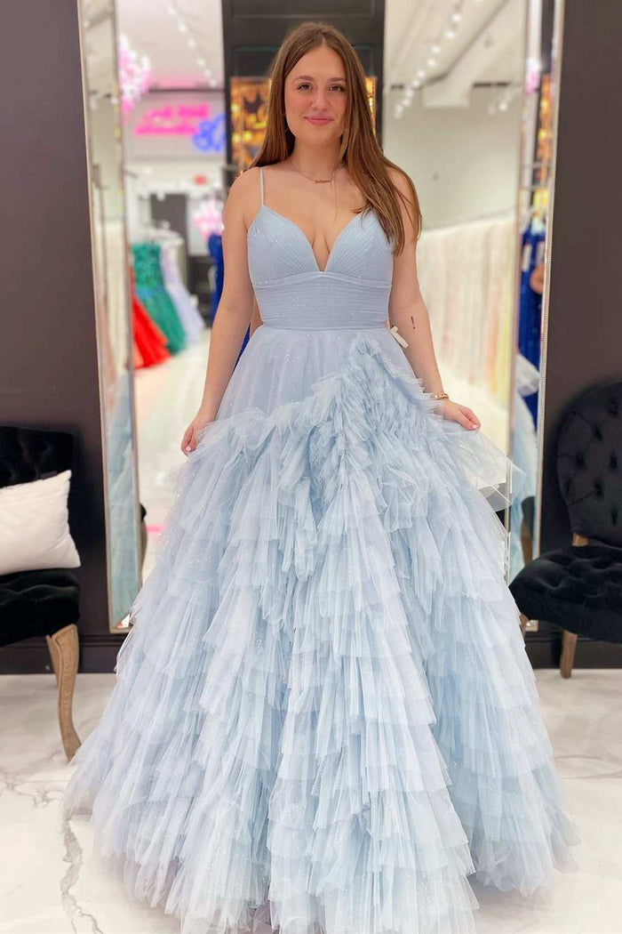 Pink Tulle High-Waist Tiered Long Prom Dress with Ruffles