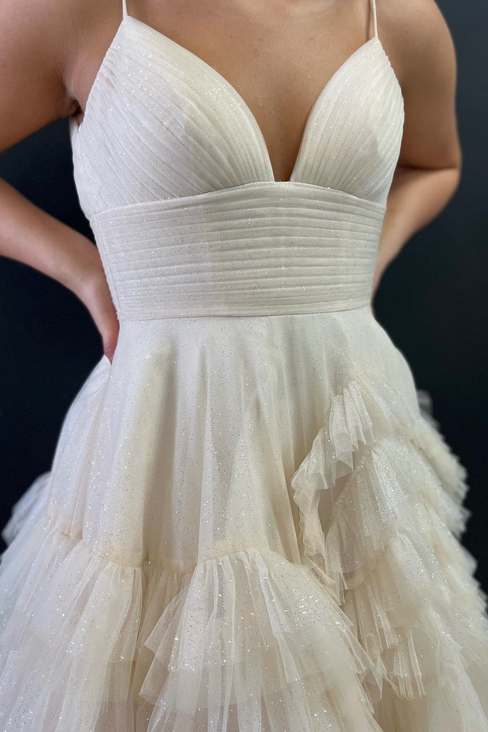Pink Tulle High-Waist Tiered Long Prom Dress with Ruffles