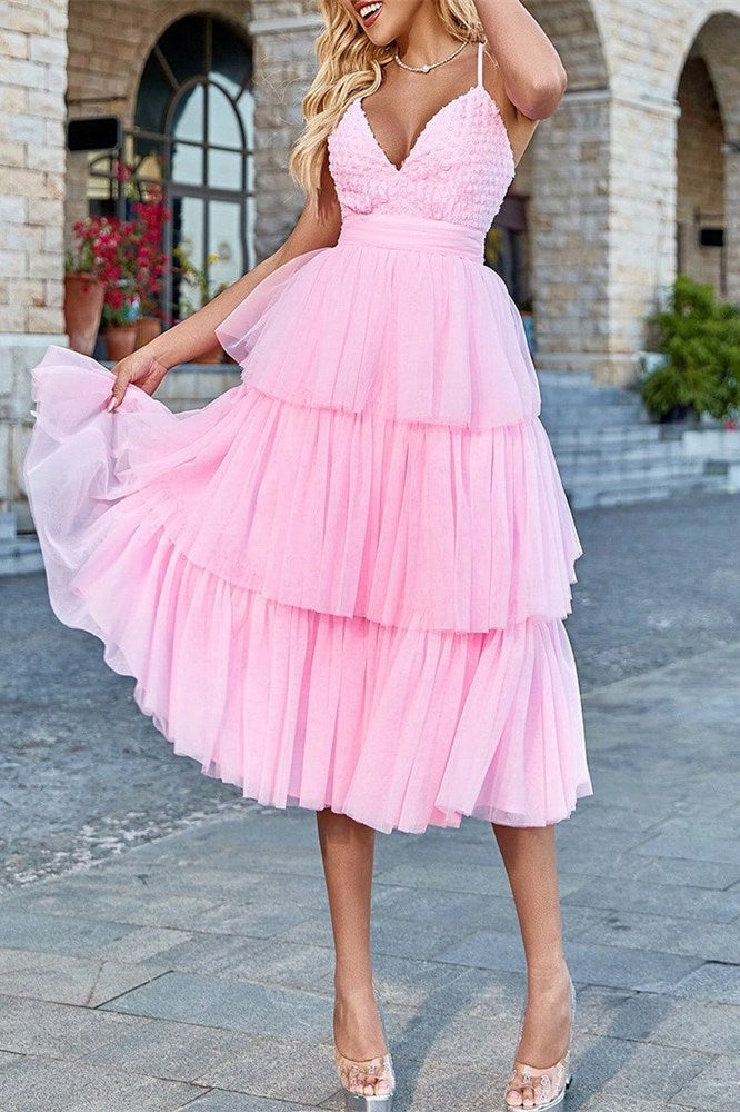 Pink V-Neck Backless Tulle Tutu Dress