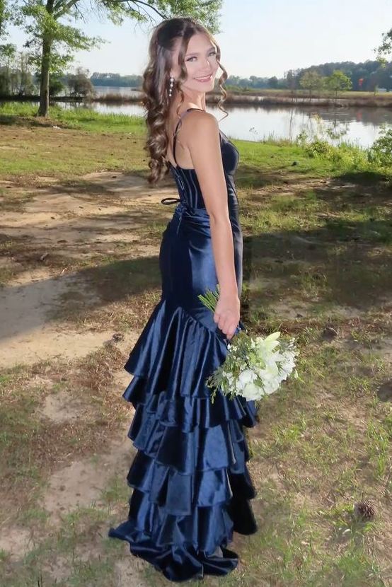Pink V-Neck Straps Ruffles Satin Mermaid Long Prom Dress with Slit