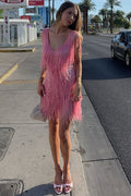 Pink V-Neck Straps Sequined Tassel Short Homecoming Cocktail Dress