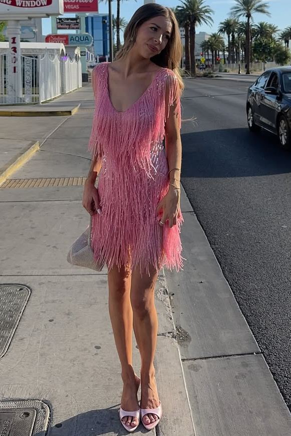 Pink V-Neck Straps Sequined Tassel Short Homecoming Cocktail Dress