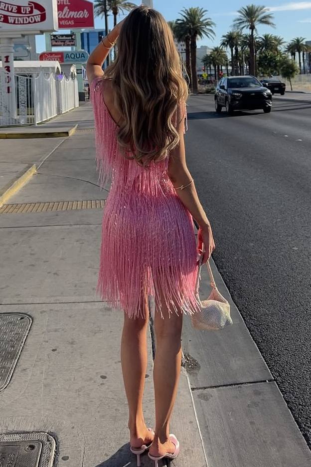Pink V-Neck Straps Sequined Tassel Short Homecoming Cocktail Dress
