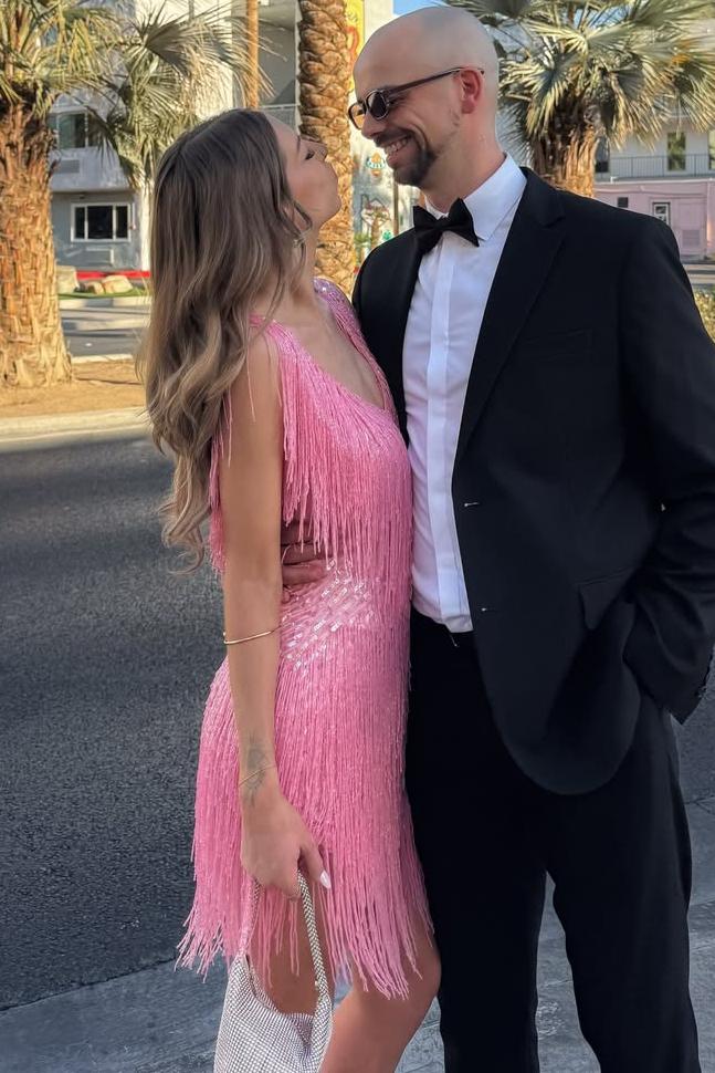 Pink V-Neck Straps Sequined Tassel Short Homecoming Cocktail Dress