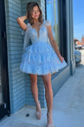 Plunging Neck Light Blue A-line Ruffle Tulle Homecoming Dress