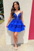 Plunging Neck Blue Applique A-line Sleeveless Ruffle Homecoming Dress