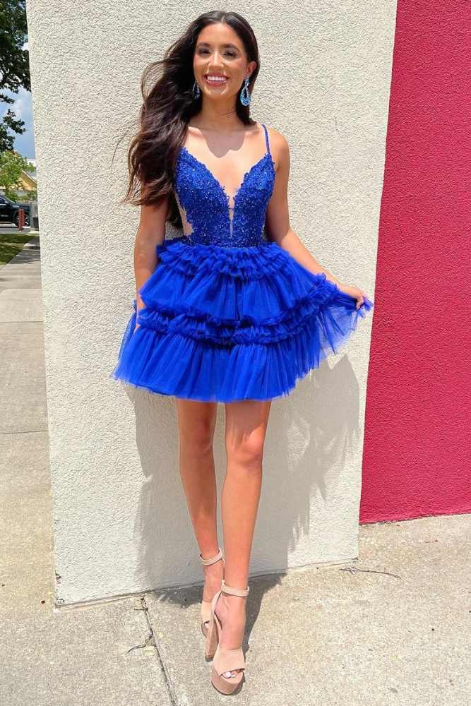 Plunging Neck Blue Applique A-line Sleeveless Ruffle Homecoming Dress