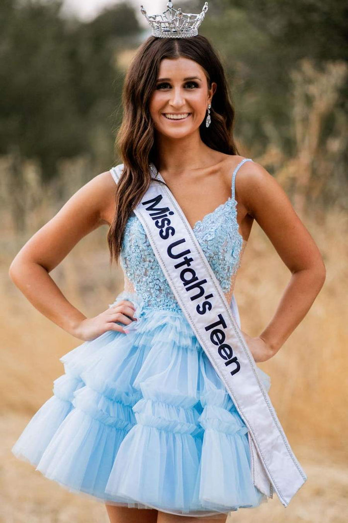 Plunging Neck Blue Applique A-line Sleeveless Ruffle Homecoming Dress