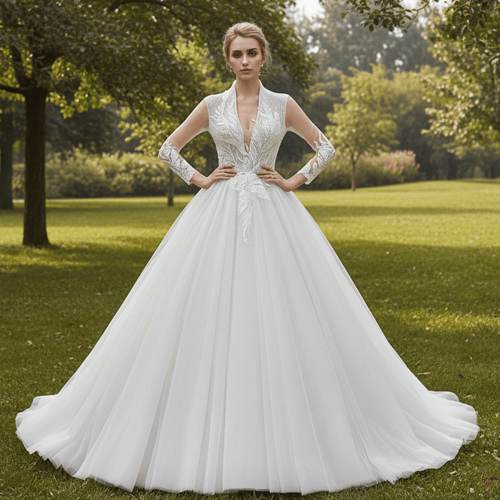 Plunging Neckline Ballgown Wedding Dress with Long Sleeves - Rosymae